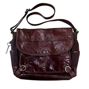 Y2K Fossil Long Live Vintage Burgundy Leather Canvas Crossbody Messenger Bag